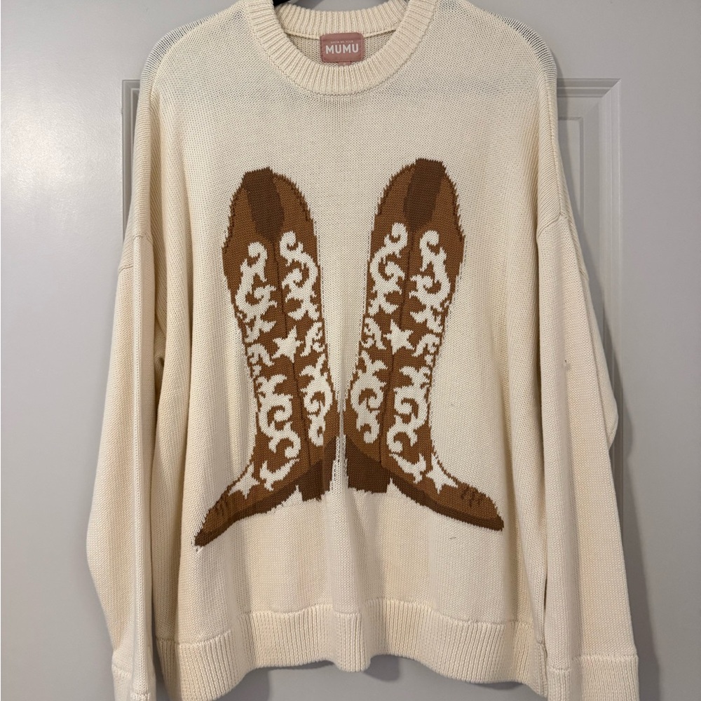 Cream and Brown Sweater with Boot Design